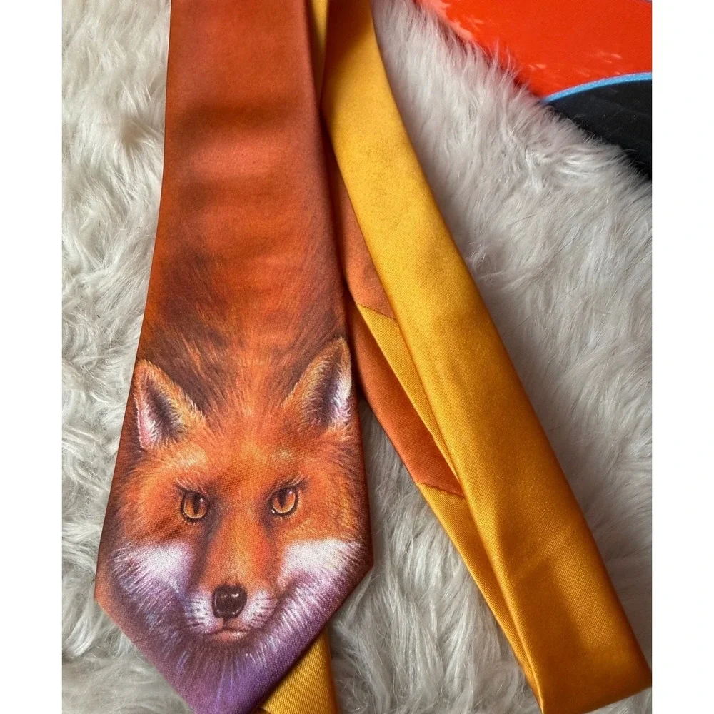 Vintage 1987 John‎ Wang 51 Sales LA Red Fox Wildlife Portrait Orange Men's Tie